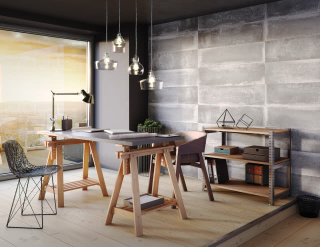 Modny bunkier System ścienny Kerradeco marki VOX
nadaje wnętrzu indywidualny charakter.
Stanowi alternatywę dla tradycyjnych
rozwiązań, takich jak płyta MDF, drewno,
płytki ceramiczne czy tynki dekoracyjne.
Jest trwały, niepalny, odporny na wilgoć
i uderzenia. Na zdjęciu inspirowany
betonem Stone Line Loft Concrete. VOX