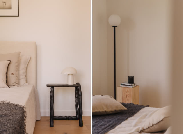 sypialnia z jasnym łóżkiem obitym w tkaninie boucle