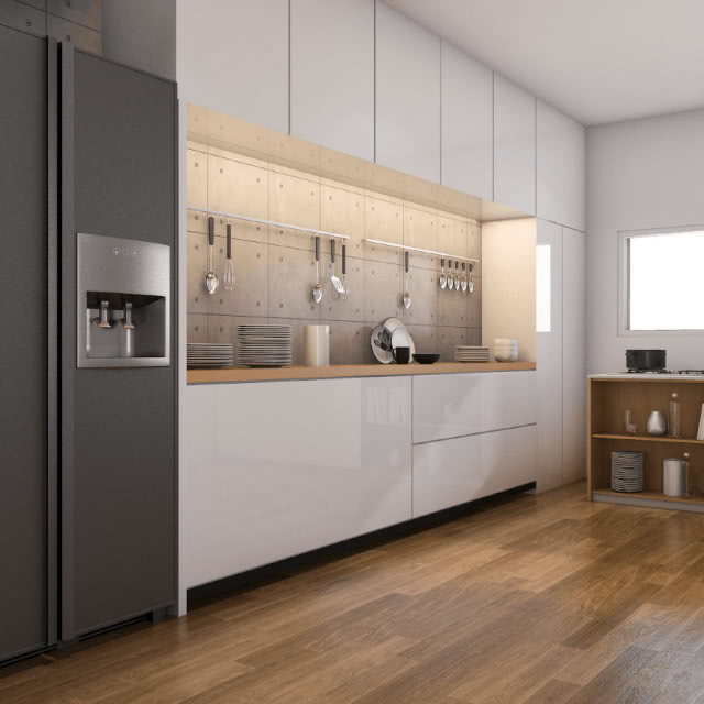 zasilacz, kuchnia, białe meble kuchenne, drewniany blat
lodówka