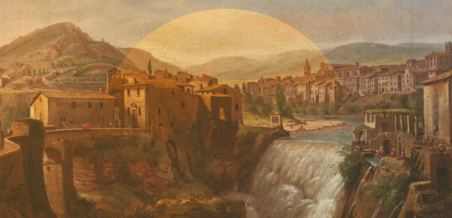 obraz, wodospad, na skarpie domy