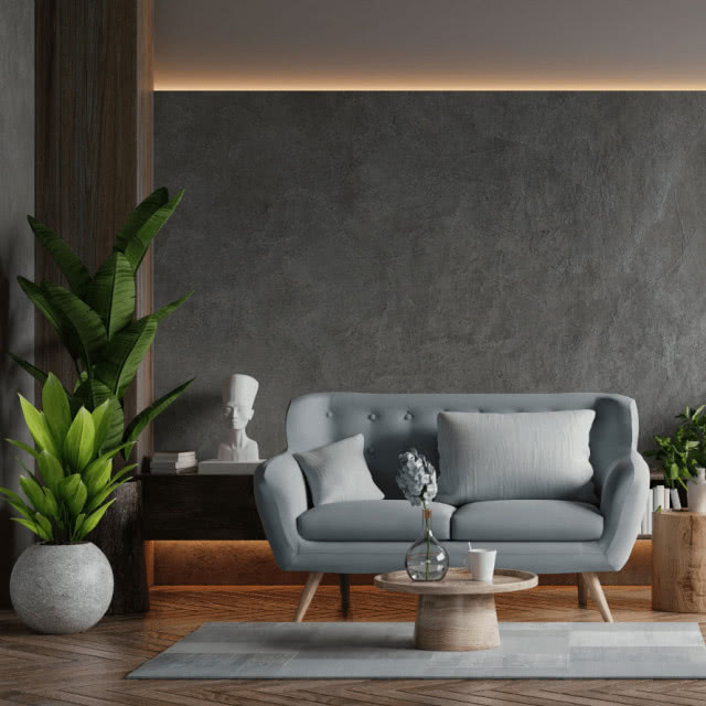 włączniki, kanapa, stolik kawowy, kwiaty, rzeźby