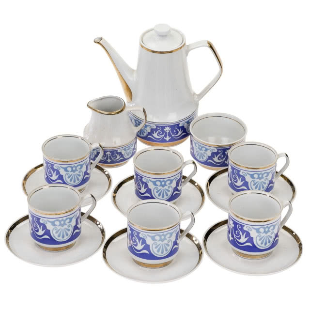 niebiesko biały serwis ze złotym brzegiem