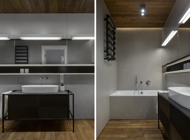 Ciemna łazienka z drewnem