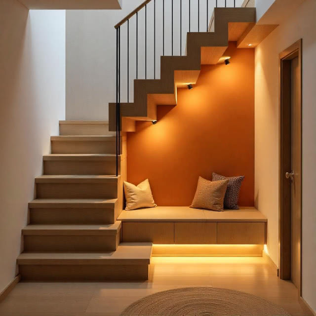 siedzisko podświetlone pod schodami