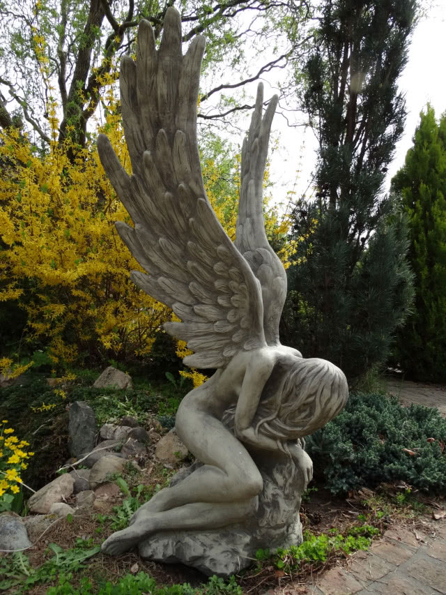 rzeźba Iris, forsycja, drzewa, krzewy, kamienie, ogród