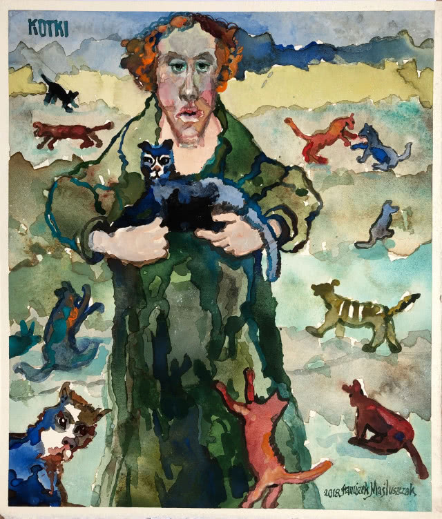 Kotki, akwarela, Franciszek Maluszczak, Galeria Artemis