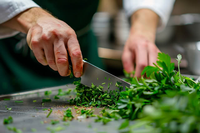 mężczyzna krojący świeże zioła profesjonalnym nożem