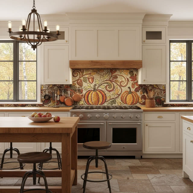 kuchnia, na ścianie nad kuchenką mozaika w dynie