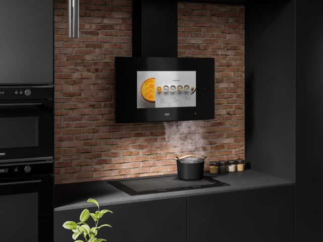 okap, przepisy, płyta indukcyjna, garnek, para, przyprawy, piekarnik, cegła na ścianie