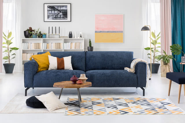 granatowa kanapa na drewnianych nóżkach, poduszki ozdobne, kolorowy dywan, stolik kawowy, wazony, regał na książki, książki, kwiaty w doniczkach, krzesło, lampa podłogowa, obrazy