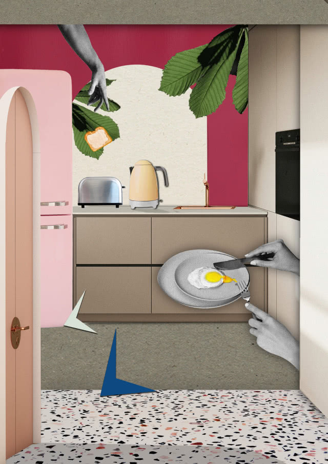 Design jak kolaż. Prace ilustratorki Anny Glik w nowej komunikacji galerii wnętrz Home Concept, jajko na talerzu, sztućce, czajnik elektryczny, toster, lodówka, piekarnik