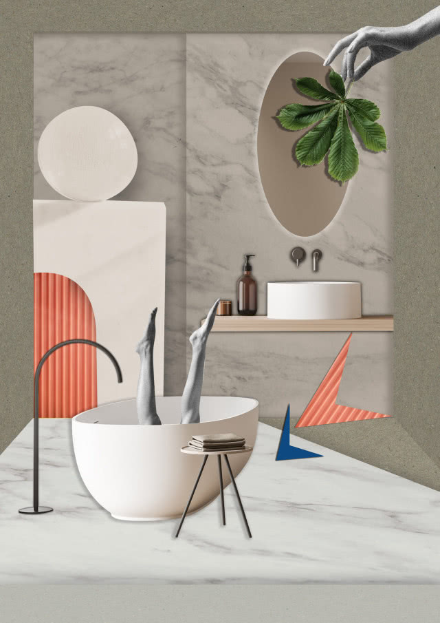 Design jak kolaż. Prace ilustratorki Anny Glik w nowej komunikacji galerii wnętrz Home Concept, wanna, nogi, umywalka nablatowa, liść kasztanowca, lustro,