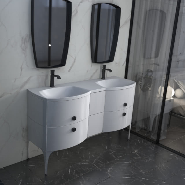 biała szafka umywalkowa z czarnymi uchwytami, dwie białe umywalki, dwa lustra, 
