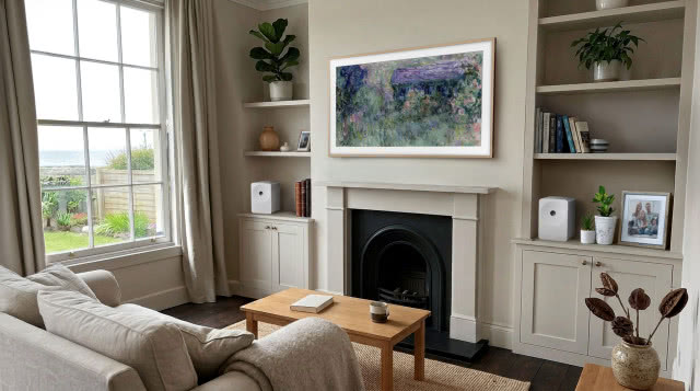 Elegancki salon z kominkiem, jasną sofą i telewizorem Samsung The Frame wyświetlającym malarski pejzaż niczym obraz w ramie.