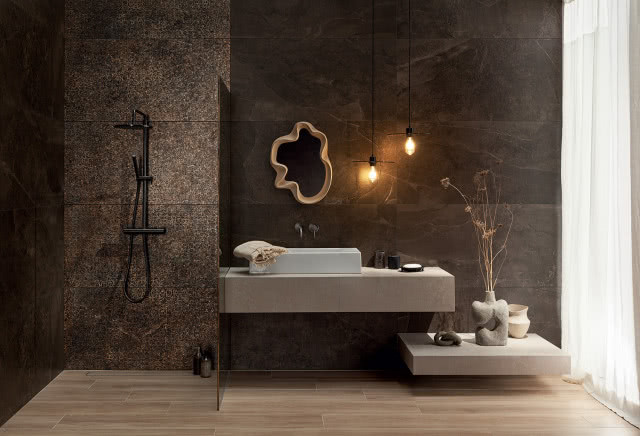 kabina prysznicowa, deszczownica, umywalka nablatowa, blat podwieszany, bateria podtynkowa, lustro, oświetlenie sufitowe