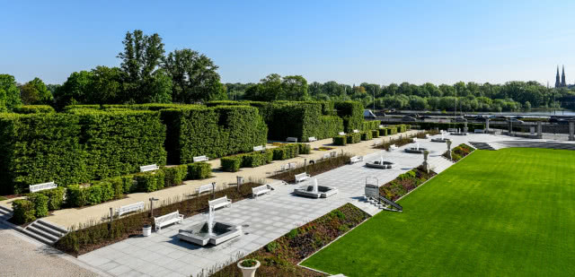 uformowane żywopłoty, alejki z ławkami