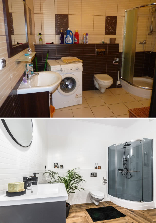 Łazienka poddana metamorfozie Home Stagera, zdjęcia przed i po