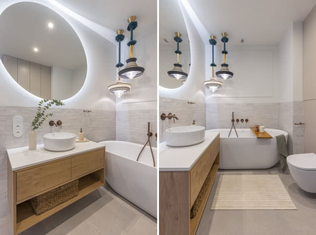 Jasna łazienka z drewnem