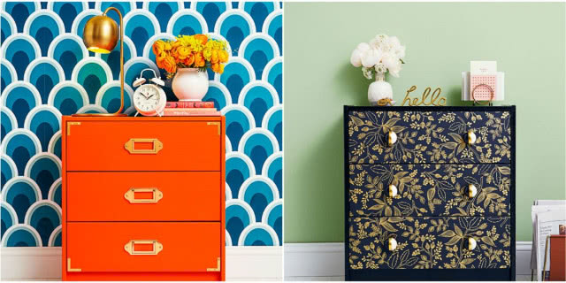 kolorowe szafki nocne - pomarańczowa i czarna w kwiaty