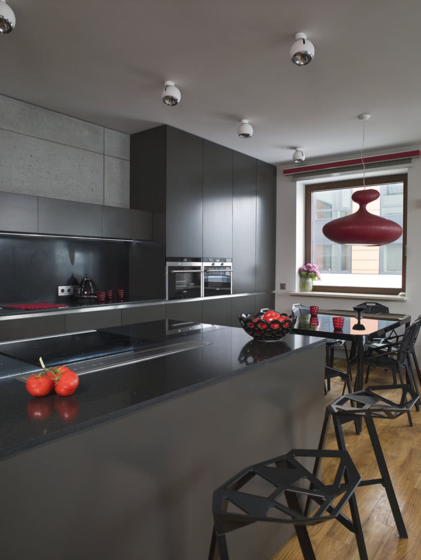 Beton (ściana), granit (blat kuchenny),...