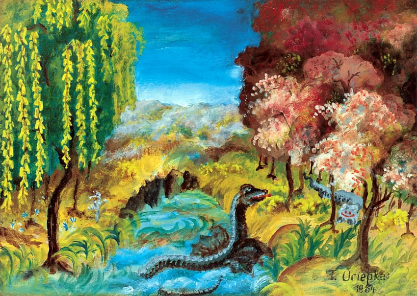 „Smok” (1954), olej na tekturze, 21.7 x 30.5 cm,...