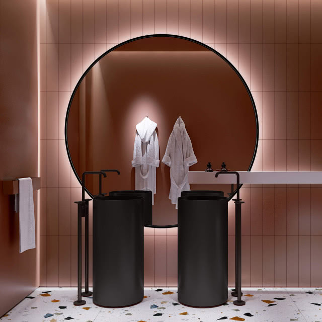 Duże lustro podświetlane SCANDI LED wprowadza spektakularny efekt do minimalistycznej łazienki. 
 fot. GieraDesign