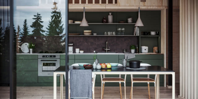 zielone fronty kuchenne, półki, kuchenka gazowa, piekarnik, biały blat, żaluzje meblowe, duży stół z krzesłami, oświetlenie sufitowe