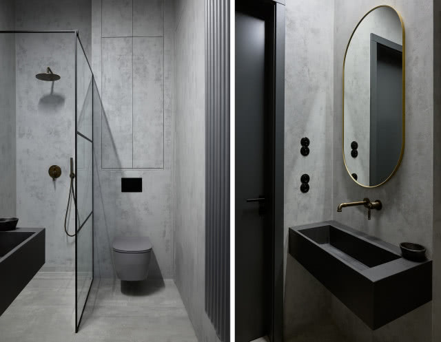 Ciemna łazienka w stylu loftowym