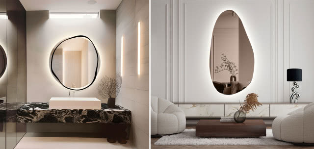 Podświetlane lustro BANDA LED zwraca uwagę oryginalną formą ramy.
Brązowe zwierciadło PLAMA no.1 LED  to doskonały wybór do dekoracji salonu. fot. GieraDesign