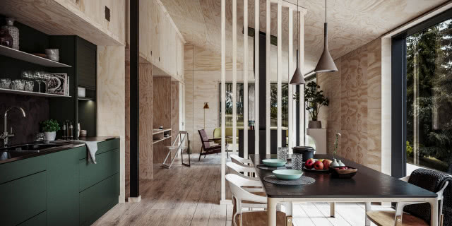 zielone fronty kuchenne, półki, kuchenka gazowa, piekarnik, biały blat, żaluzje meblowe, duży stół z krzesłami, oświetlenie sufitowe, drewniane lamele, biurko, krzesło, fotel, lampa podłogowa, duże okna, drewniana podłoga