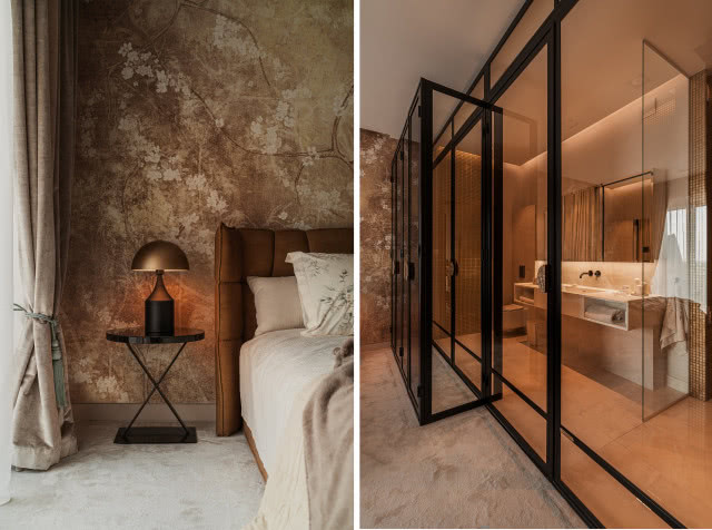 Master bedroom i łazienka oddzielona szybą od sypialniZ