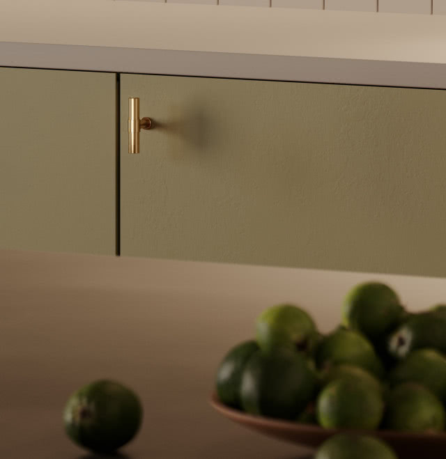 Mosiężny uchwyt Tube Dot - od 200 zł, limonki, oliwkowe fronty kuchenne