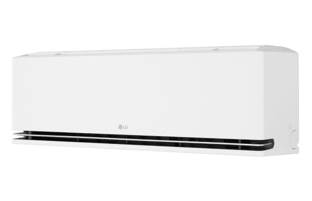 Biały klimatyzator ścienny LG DUALCOOL AI Premium na jasnym tle, z funkcją chłodzenia i ogrzewania pomieszczeń.