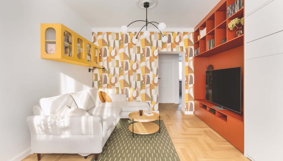 Intrygujące mieszkanie w stylu retro. Śmiałe kolory, wzory i obłe kształty