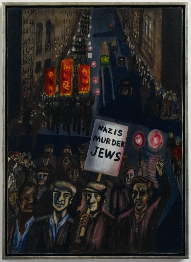 ciemny obraz, ludzie z transparentem