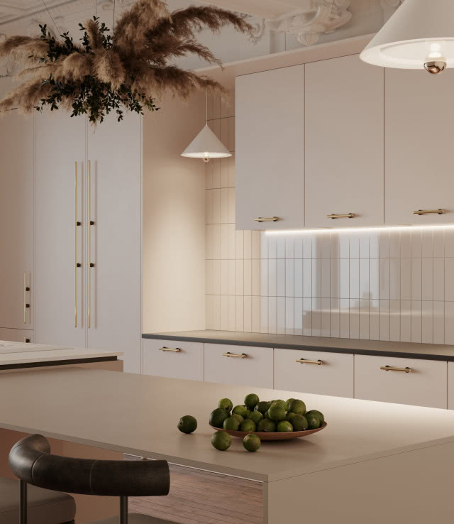 Mosiężne uchwyty 16/32 - od 310 zł, kuchnia, limonki, wyspa kuchenna, krzesło, białe fronty kuchenne, dekory na suficie, oświetlenie sufitowe