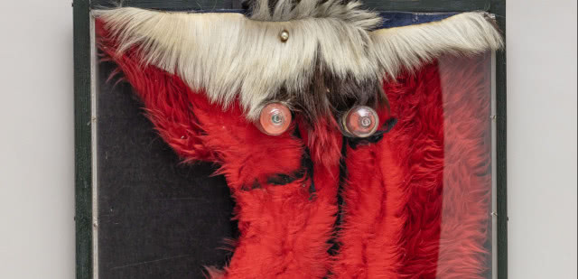 portret w kolorze czerwonym, z oczami i siwą grzywką