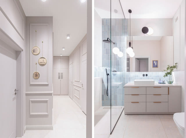 W holu, w szafie ukryto  pralkę i suszarkę, dzięki  czemu oszczędzono  
cenne miejsce w łazience. Ponieważ nie ma tu dostępu do światła dziennego, całość pomalowano w bardzo jasnych kolorach i mocno doświetlono.