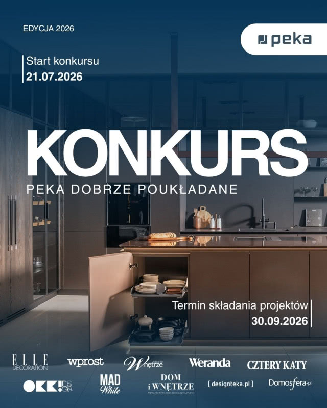 Plakat konkursu PEKA Dobrze Poukładane 2026 dla architektów i projektantów, z aranżacją nowoczesnej kuchni i terminem zgłoszeń.