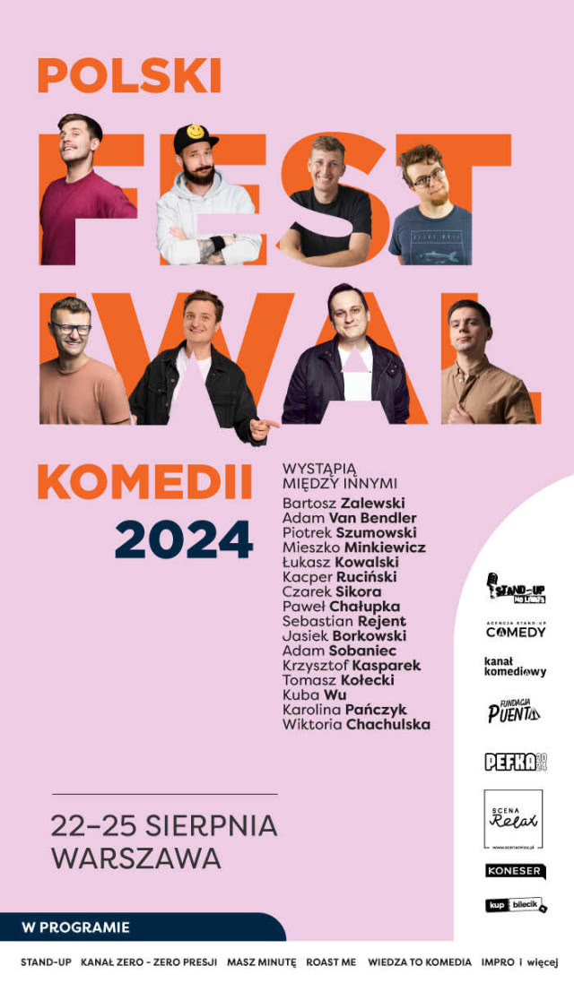 plakat, na różowym tle organizatorzy