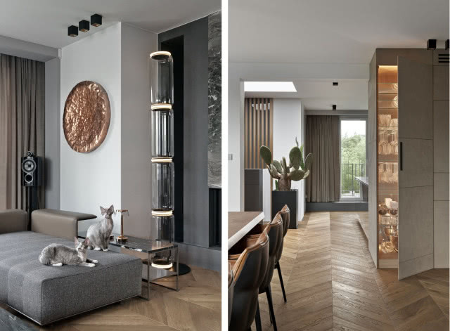 Aranżacja dużego salonu w szarych kolorach