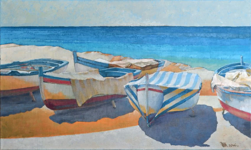 Wiaszesław Rogin, "Boats", olej na drewnie, 100...