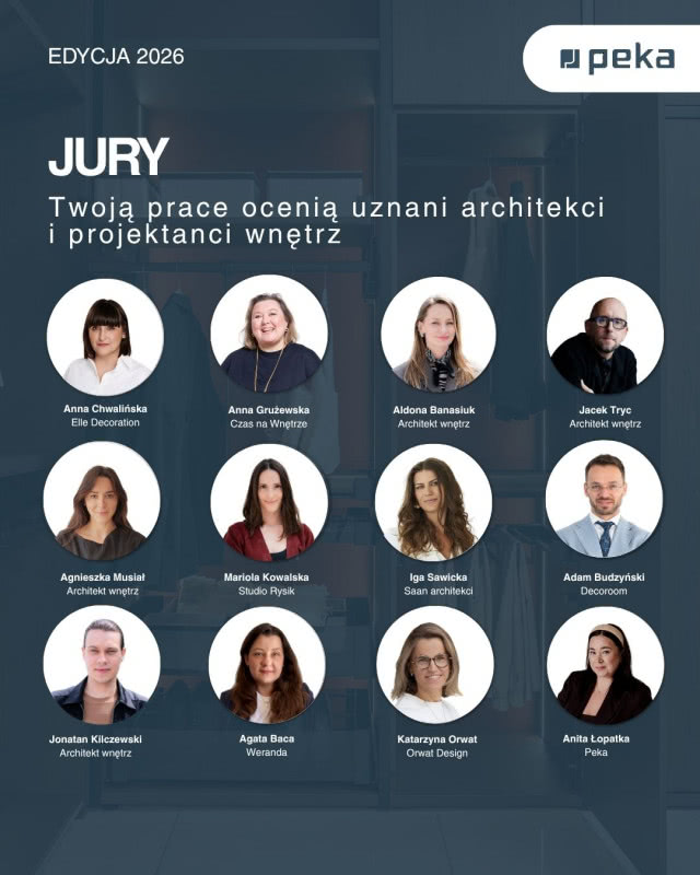Jury konkursu PEKA Dobrze Poukładane 2026 – architekci, projektanci wnętrz oraz przedstawiciele mediów i branży wyposażenia wnętrz.