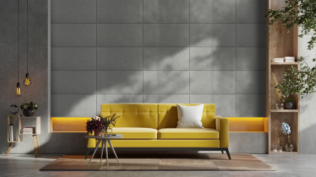 Panel kwarcowy, kolor PKE/004, żółta kanapa, stolik kawowy, kwiaty, szafka na książki, dywan