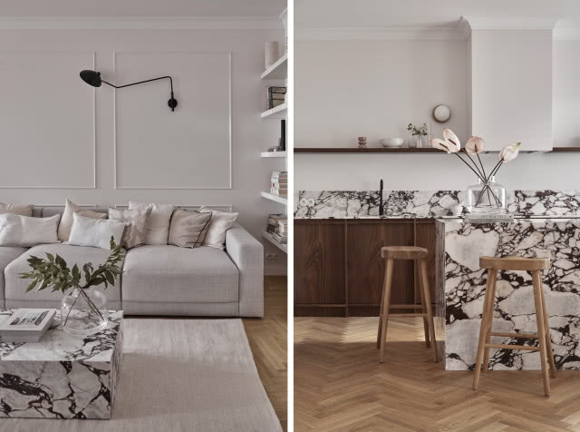 Drewniane akcenty w jasnym wnętrzu z dodatkiem marmuru