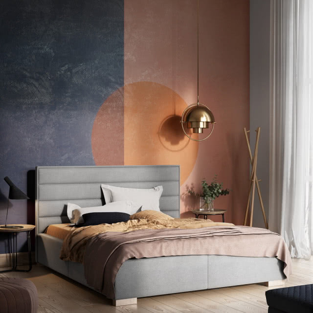 Łóżko Senpo Street, Domoteka, oświetlenie sufitowe, lampa stołowa, stoliki nocne, kwiaty pufy, drewniana podłoga