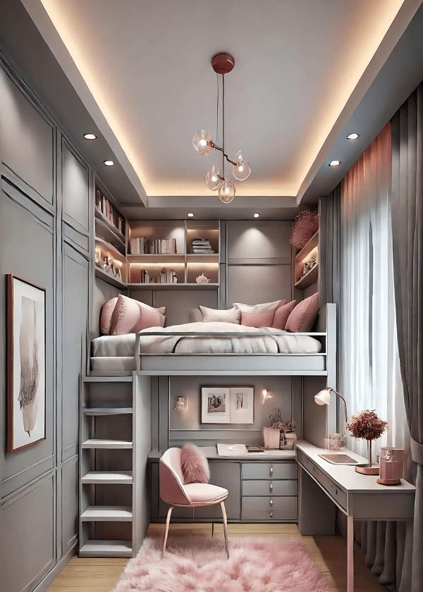 łóżko na antresoli, sufit podświetlany, pokój w fiolecie