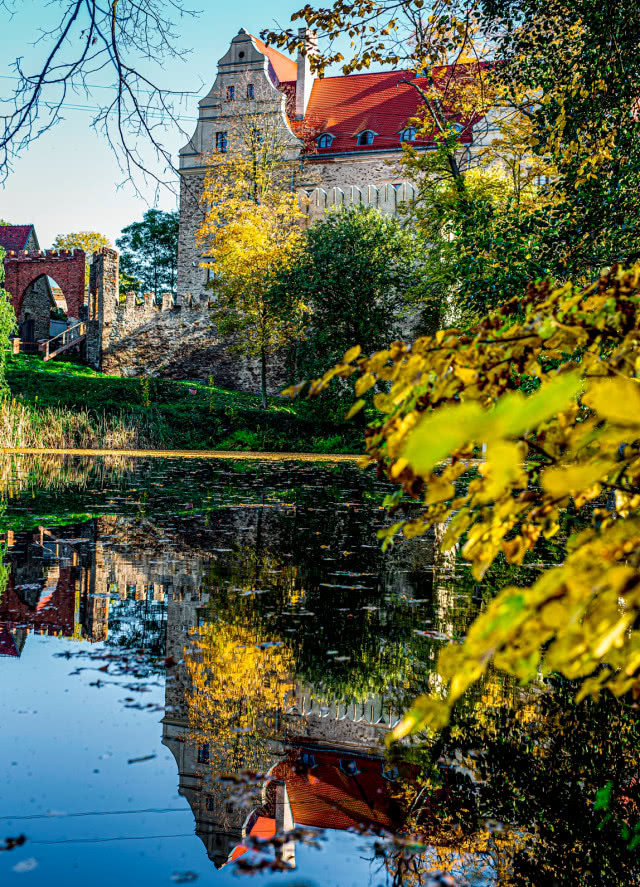 zamek - hotel, SPA, drzewa, góry, pola, łąki, odbicie zamku w wodzie, schody