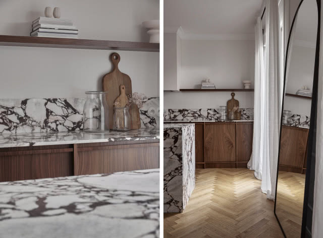 Drewniana kuchnia z orzechowego drewna z marmurem