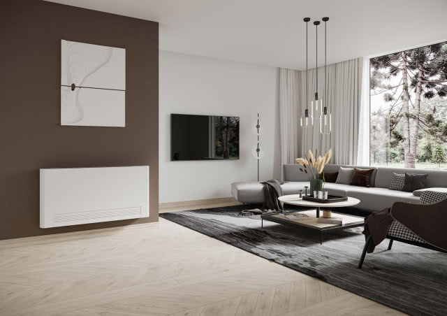 biały grzejnik na ścianie, telewizor, kanapa, stolik kawowy, obraz, duże okno